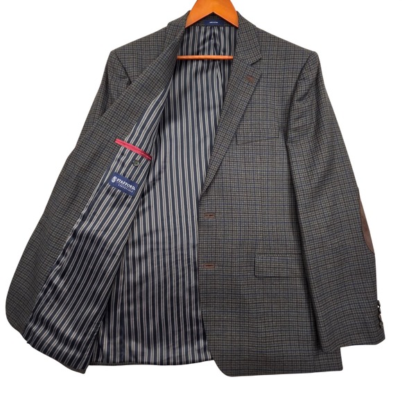 Stafford Other - Stafford Classic Fit Wool Blend Blazer Gray Blue Plaid Elbow Patches Mens 44L